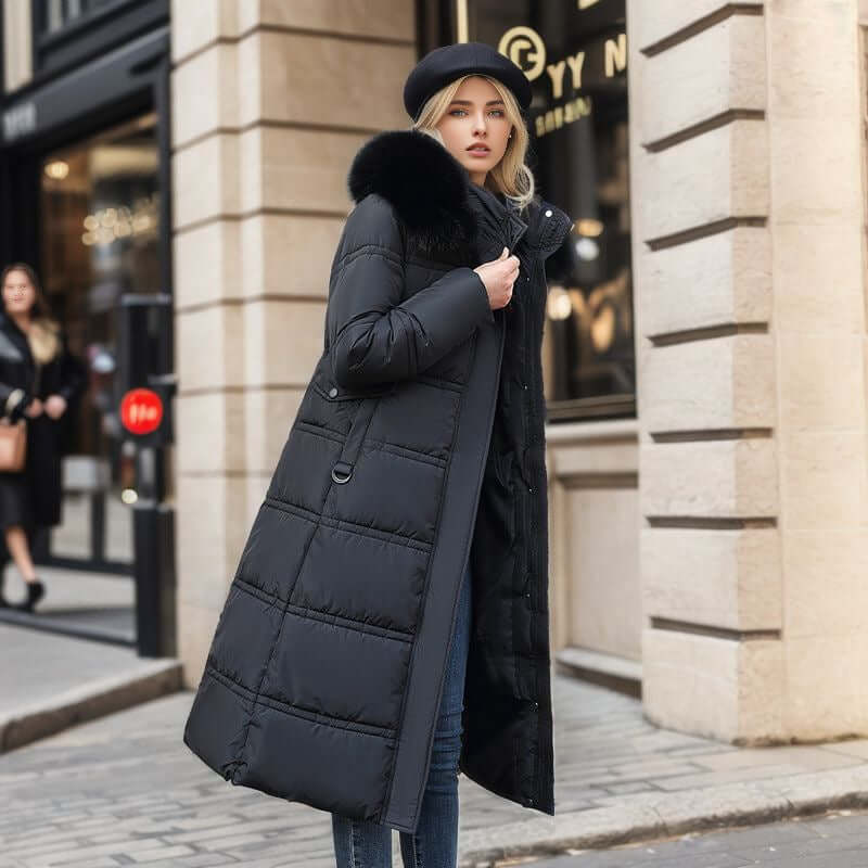 Winter Slim Long Jacket With Fur Hood